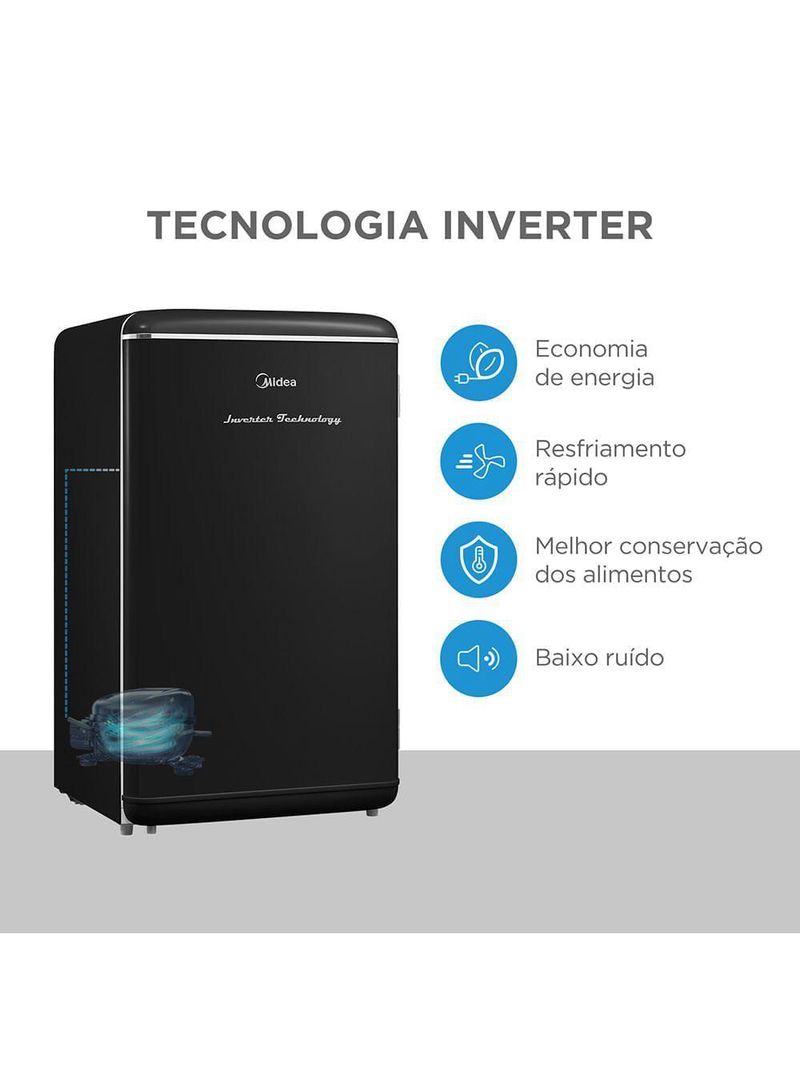 Frigobar Retrô Preto 93L Inverter Bivolt Midea MDRD142RTD303 Bivolt