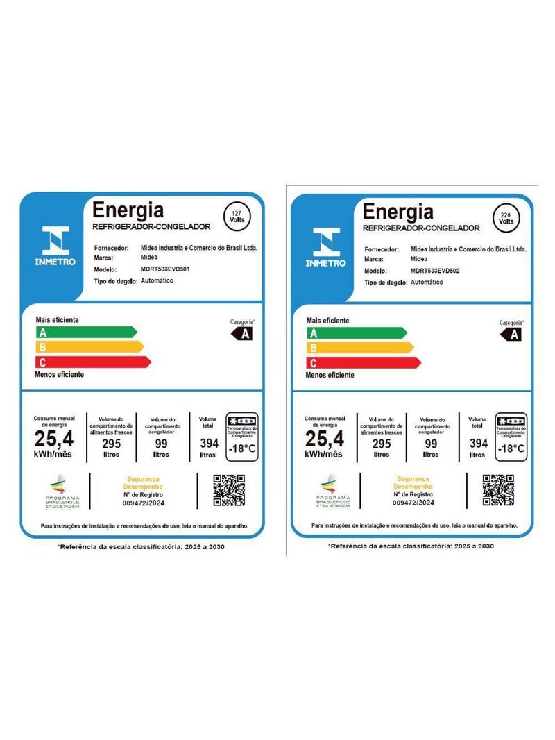 Geladeira Midea Duplex Frost Free Inverter 394L MDRT533EVD501 Prata 110V