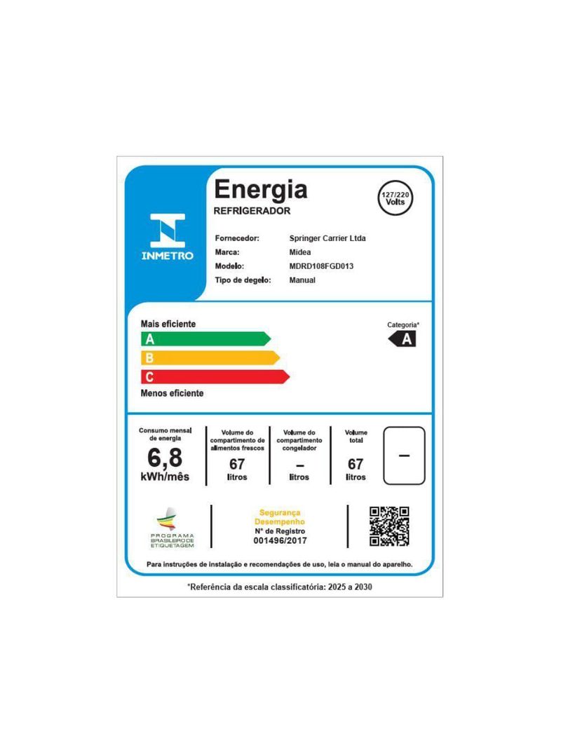 Frigobar Branco 67L Inverter Bivolt Midea MDRD108FGD013 Bivolt