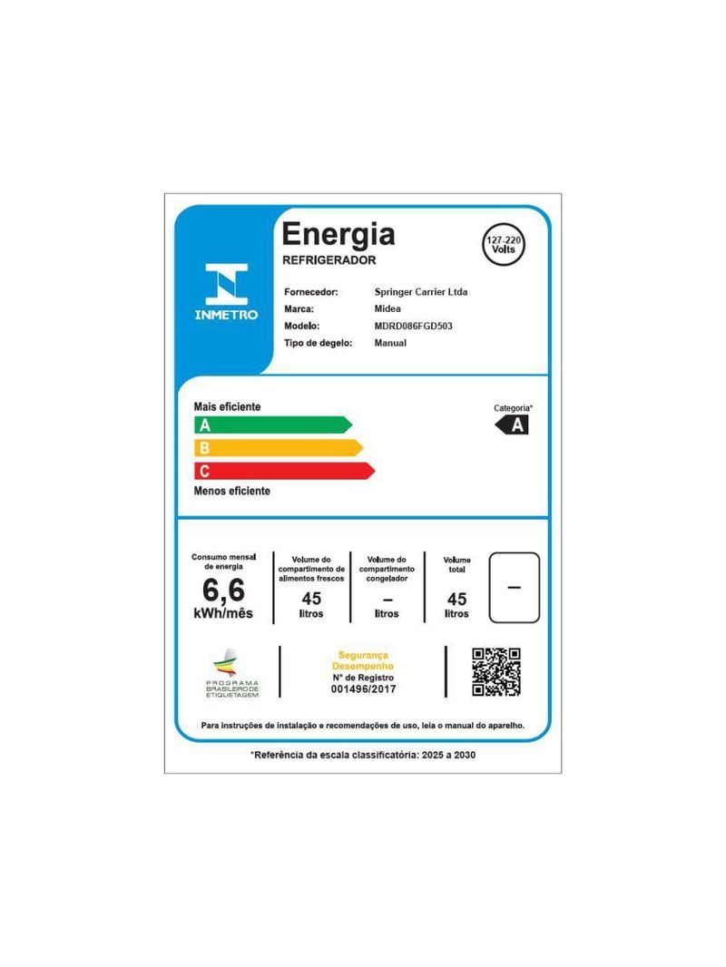Frigobar 45 Litros Porta Prata Inverter Midea MDRD086FGD503 Bivolt