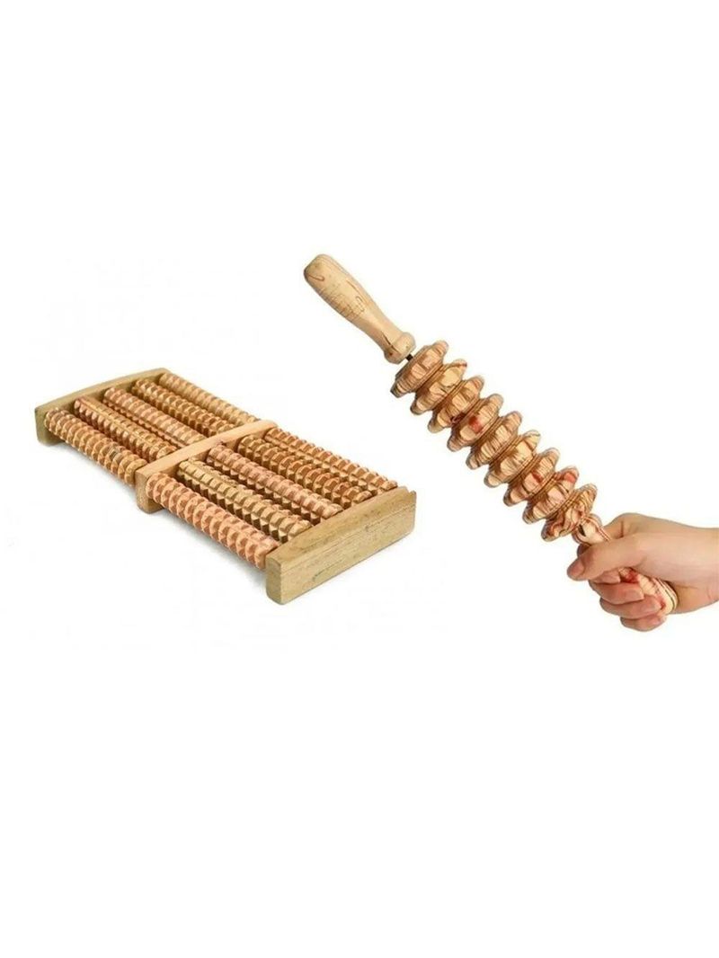 Kit 2 Peças Massagem Maderoterapia Rolo Bastão Espiga Corporal E Massageador De Pés De Madeira Natural Bege