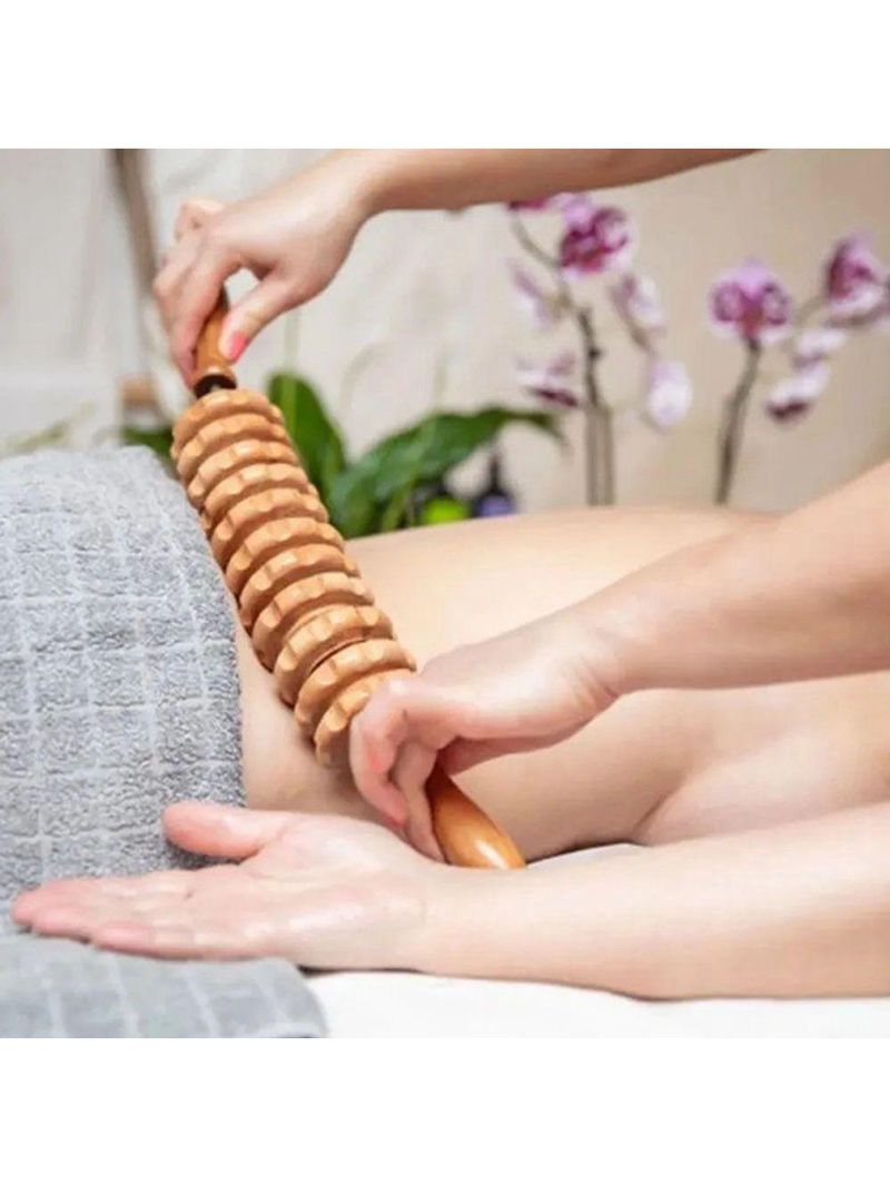 Kit 2 Peças Massagem Maderoterapia Rolo Bastão Espiga Corporal E Massageador De Pés De Madeira Natural Bege