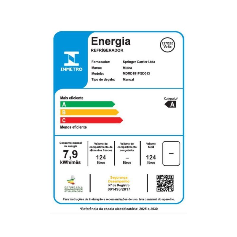 Frigobar Branco 124L Inverter Bivolt Midea MDRD181FGD013 Bivolt