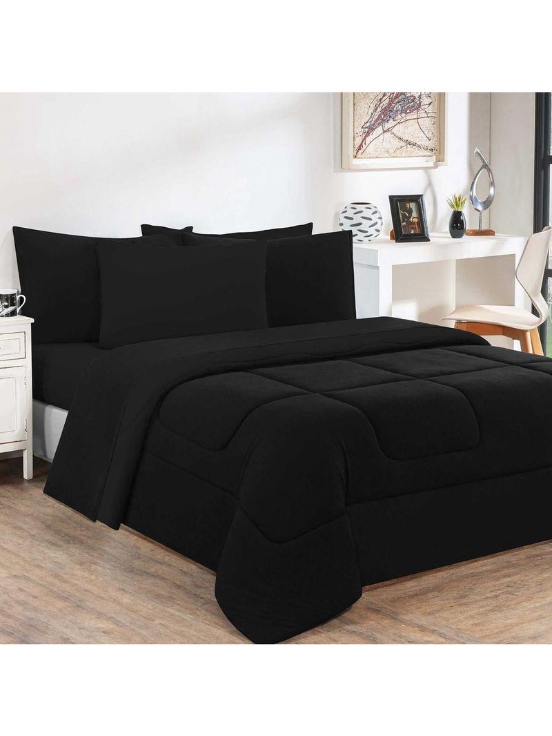 Kit Edredom + Jogo De Lençol Malha 100% Algodão Gran Moratta 6 Peças Queen - Preto-preto