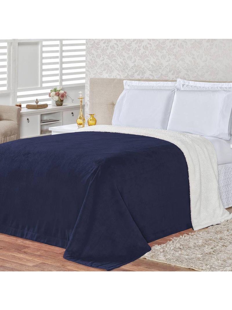 Cobertor Pele De Carneiro Sherpa Alaska Queen 01 Peça - Marinho