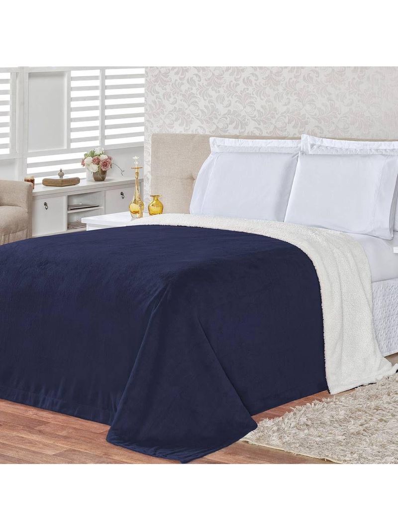 Cobertor Pele De Carneiro Sherpa Alaska Queen 01 Peça - Marinho