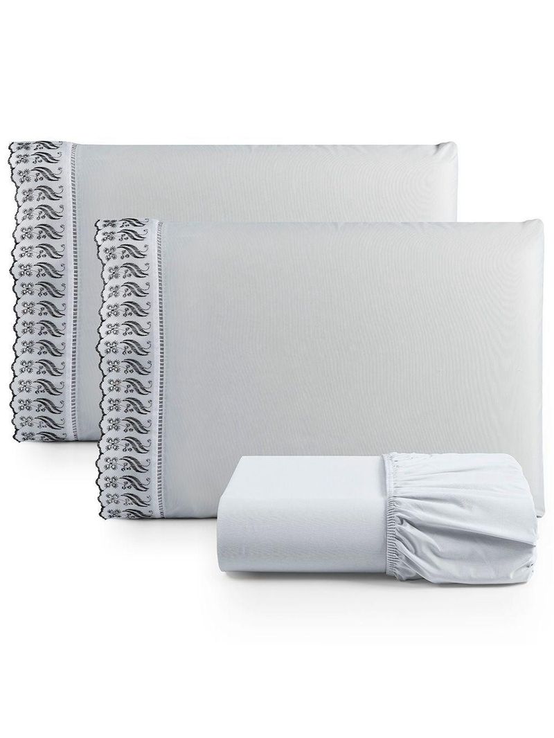 Jogo De Lençol King Suave Barrado Lese 3 Peças Barato - Cinza