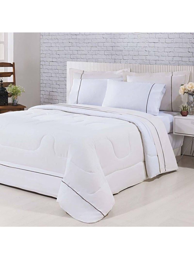 Kit Edredom 100% Algodão Percal 150 Fios Dupla Face King + Jogo De Cama Gran Moratta 7 Peças - Branco/ Palha