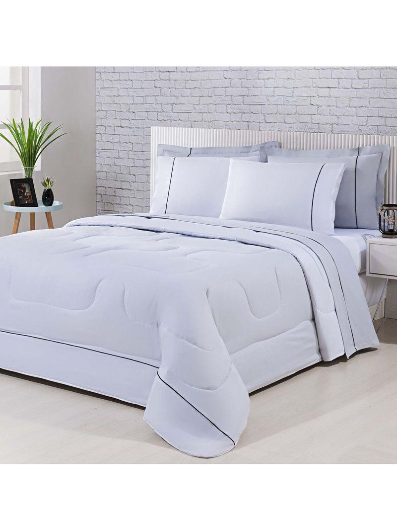 Kit Edredom 100% Algodão Percal 150 Fios Dupla Face Solteiro Jogo De Cama 5 Peças - Cinza-branco