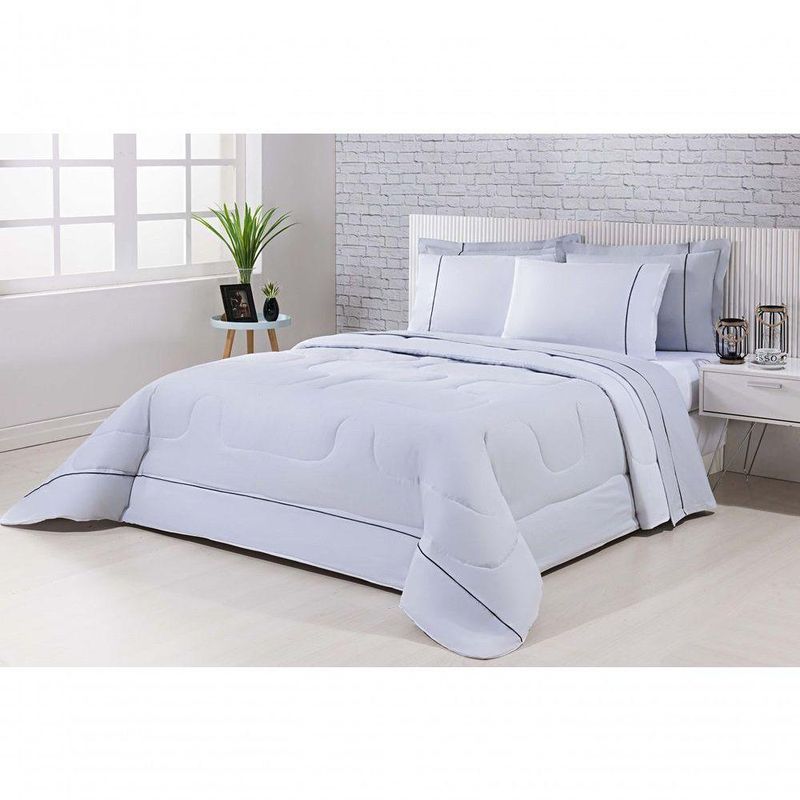 Kit Edredom 100% Algodão Percal 150 Fios Dupla Face Solteiro Jogo De Cama 5 Peças - Cinza-branco