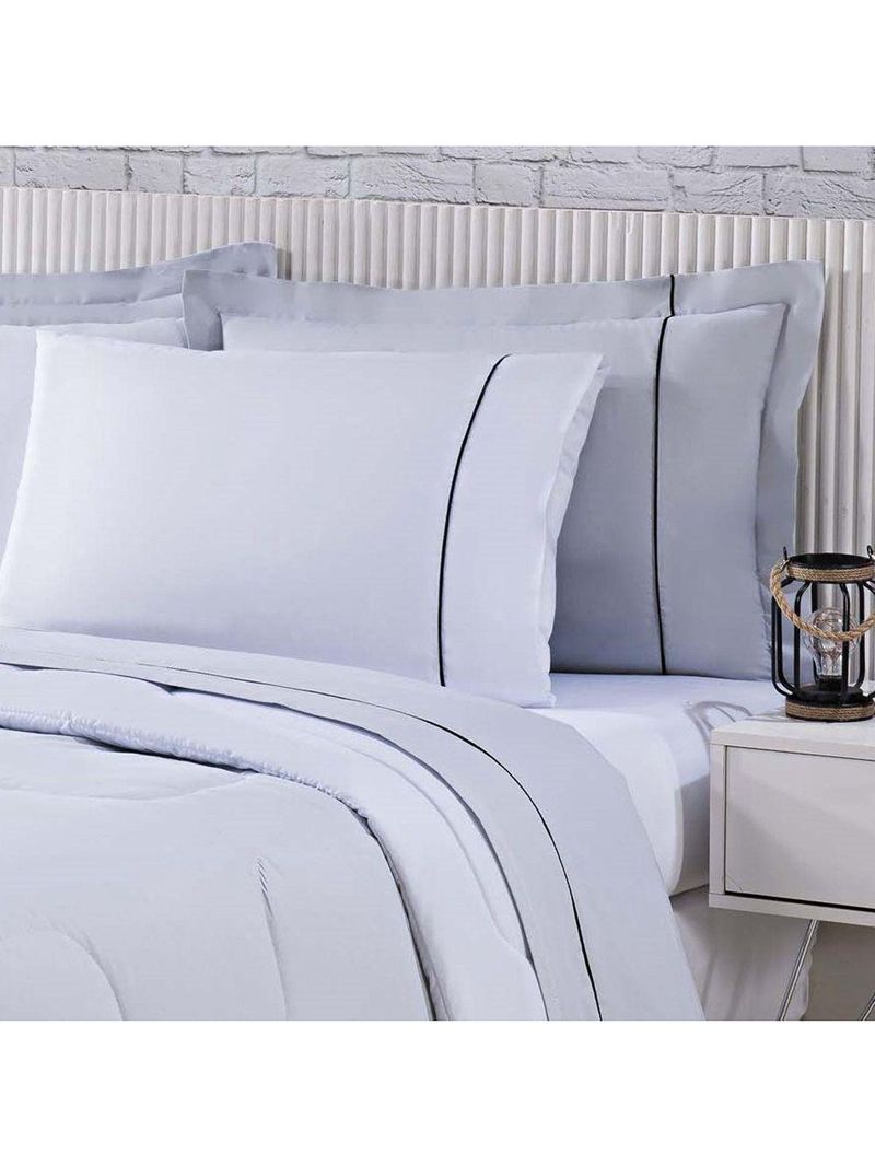 Kit Edredom 100% Algodão Percal 150 Fios Dupla Face Solteiro Jogo De Cama 5 Peças - Cinza-branco