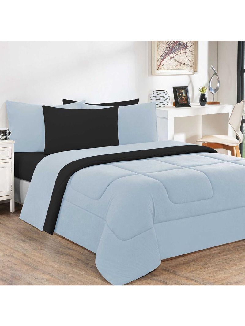 Edredom Malha 100% Algodão Gran Moratta 1 Peça Casal - Azul Bebê-preto