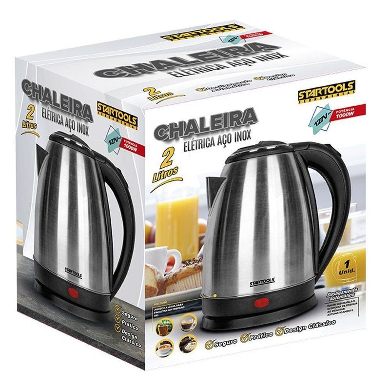 Chaleira Elétrica Startools 1000W 2L em Aço Inox Preto e Inox 110V