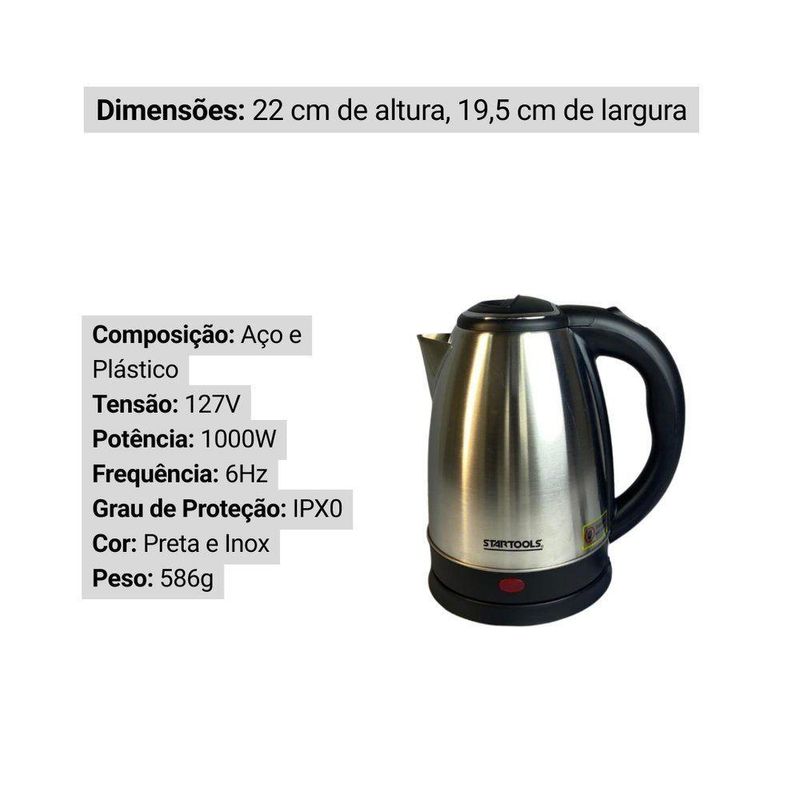 Chaleira Elétrica Startools 1000W 2L em Aço Inox Preto e Inox 110V