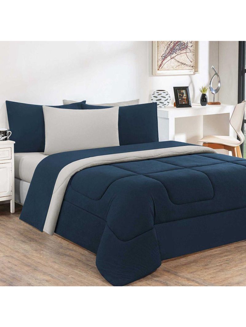 Kit Edredom + Jogo De Lençol Malha 100% Algodão Gran Moratta 7 Peças Queen - Azul Marinho-palha