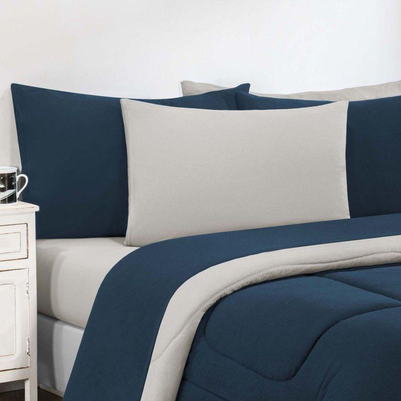 Kit Edredom + Jogo De Lençol Malha 100% Algodão Gran Moratta 7 Peças Queen - Azul Marinho-palha