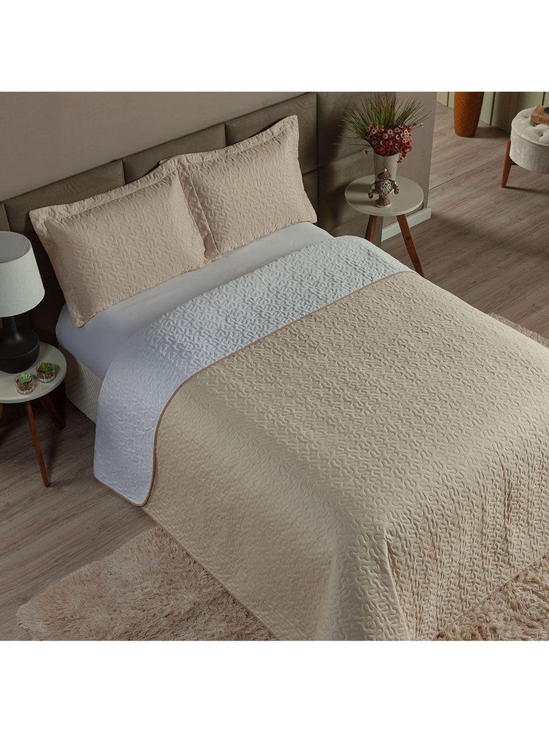 Cobre Leito Solteiro 2 Peças Clara 100% Poliéster - Branco/cáqui