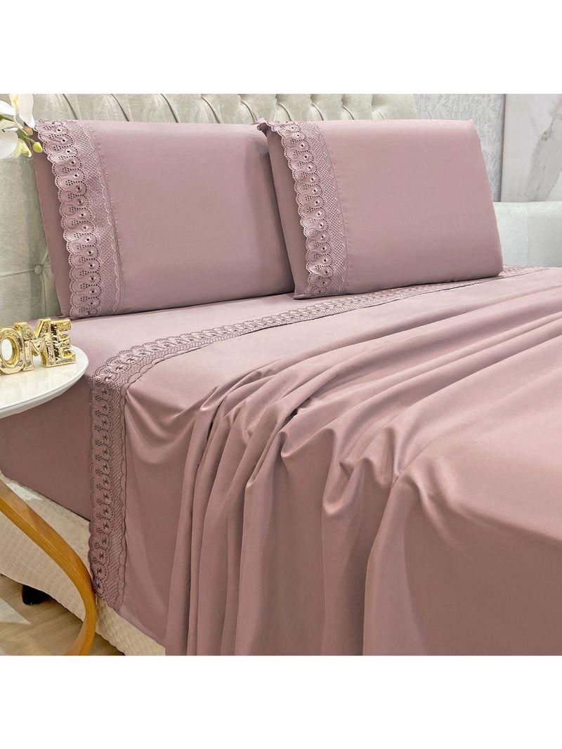 Jogo Lençol Queen Grace Bordado 4pç 100% Poliéster - Malva