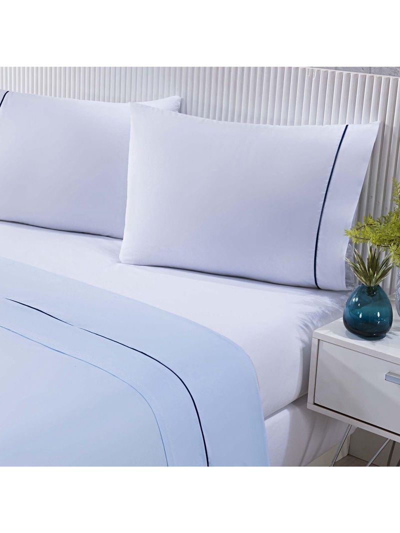 Jogo De Cama Lençol 100% Algodão Percal 150 Fios Casal Gran Moratta 4 Peças - Branco E Azul