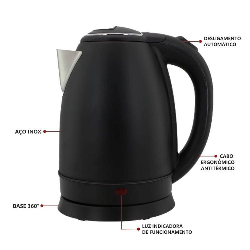 Chaleira Elétrica Bigsul 1500W 1,8L em Aço Inox Preto para Uso Diário em Casa 220V