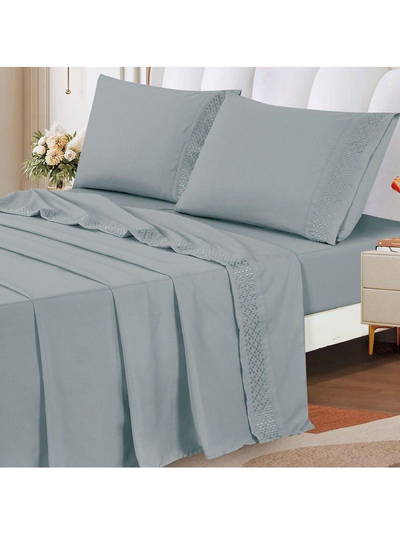 Jogo Lençol Casal Elegance Bordado 4pç 100% Poliéster - Cinza
