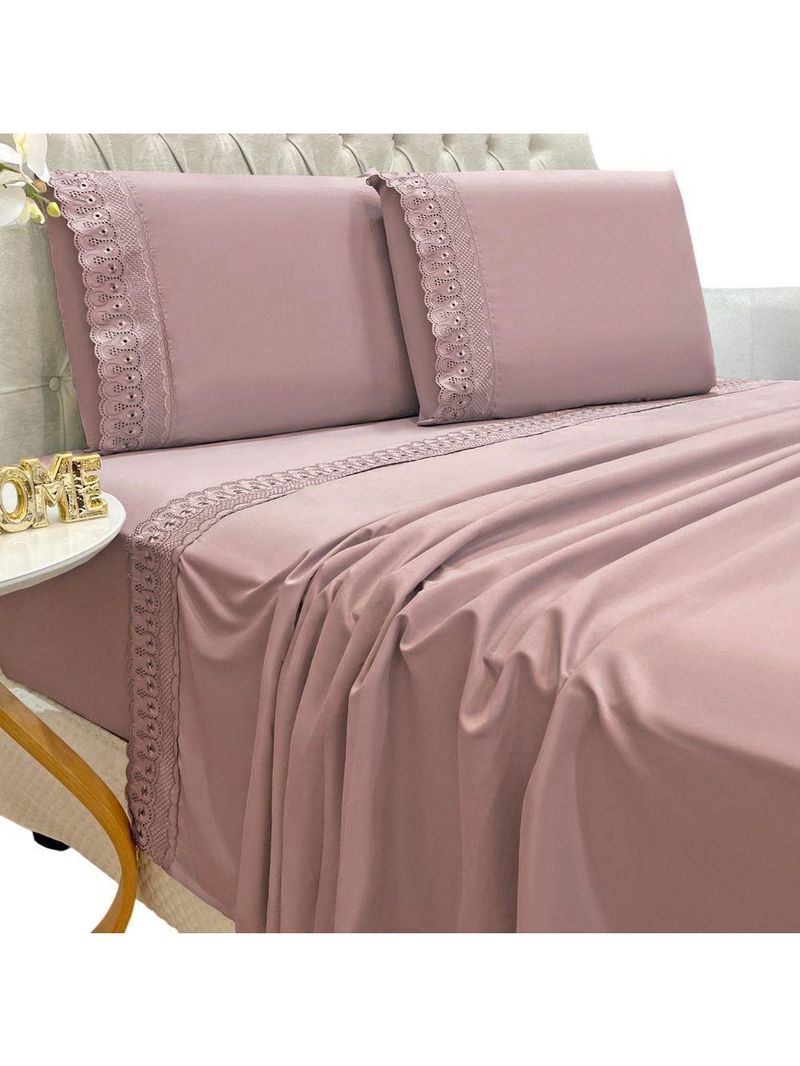 Jogo Lençol Casal Grace Bordado 4pç 100% Poliéster - Malva