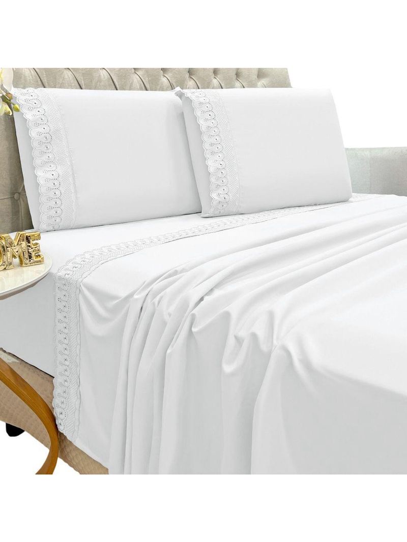 Jogo Lençol Queen Grace Bordado 4pç 100% Poliéster - Branco