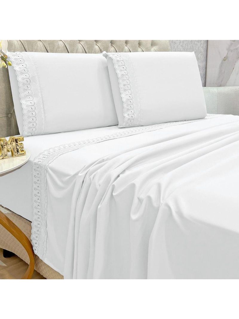 Jogo Lençol Queen Grace Bordado 4pç 100% Poliéster - Branco