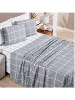 Jogo De Lençol Minimalista King 4 Peças Percal 200 Fios Quadriculado - Cinza - 100% Poliéster