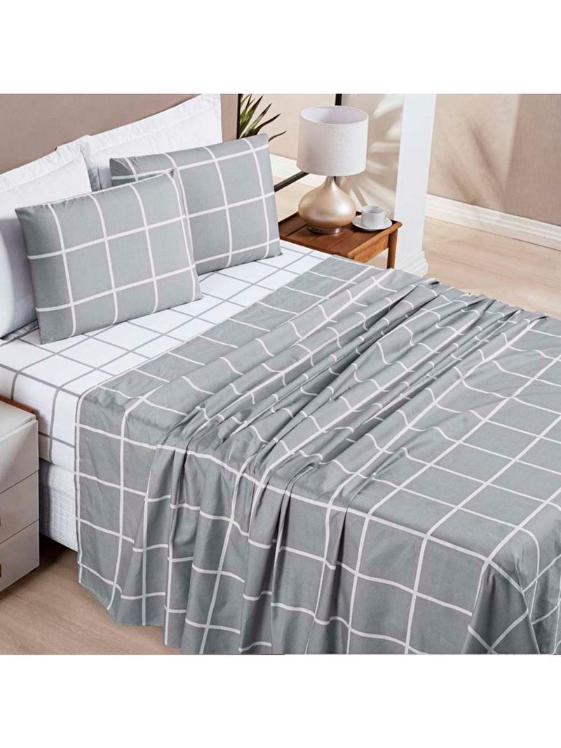 Jogo De Lençol Minimalista King 4 Peças Percal 200 Fios Quadriculado - Cinza - 100% Poliéster