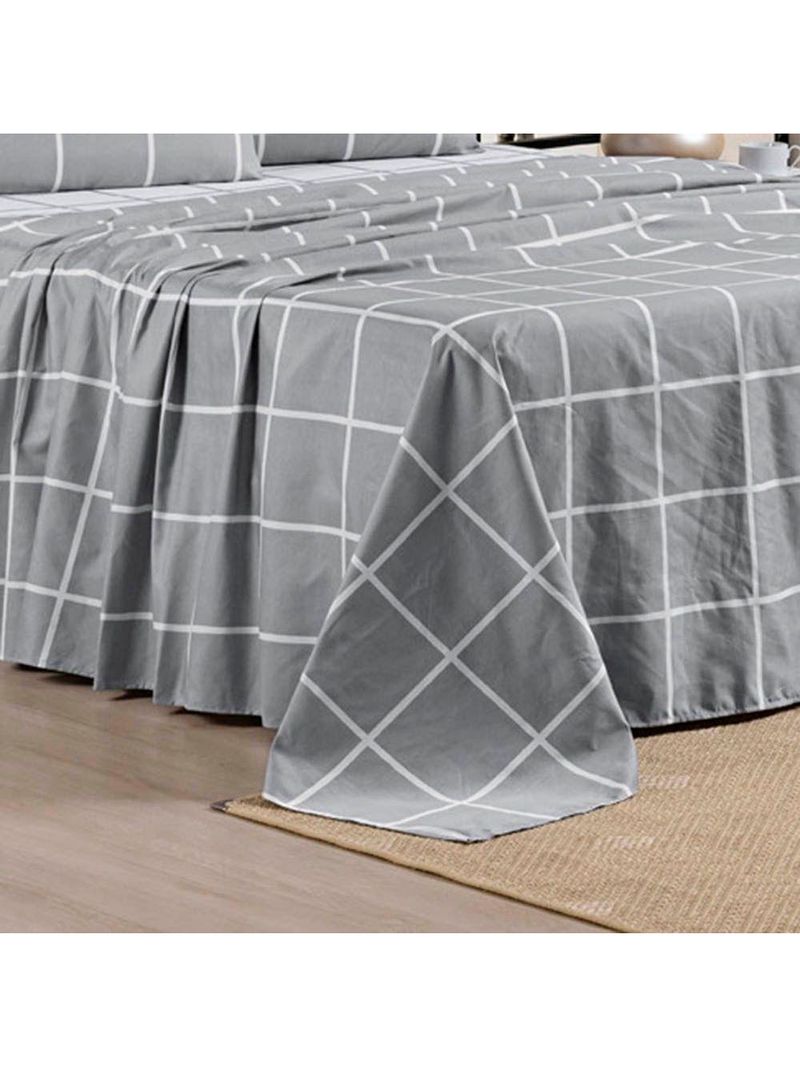 Jogo De Lençol Minimalista King 4 Peças Percal 200 Fios Quadriculado - Cinza - 100% Poliéster