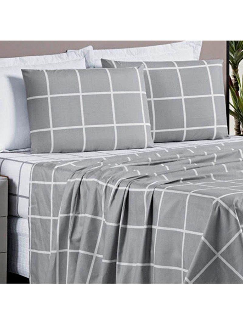 Jogo De Lençol Minimalista King 4 Peças Percal 200 Fios Quadriculado - Cinza - 100% Poliéster