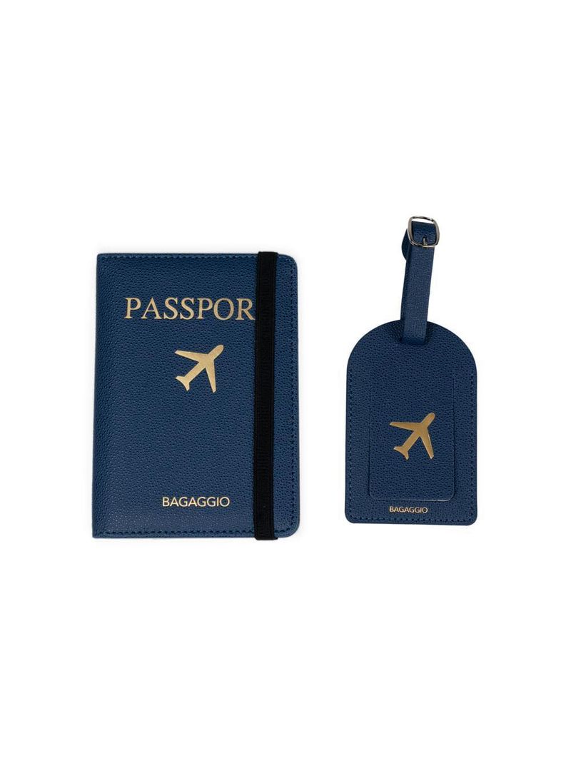 Kit etiqueta e porta passaporte travel azul escuro