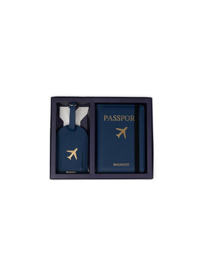 Kit etiqueta e porta passaporte travel azul escuro