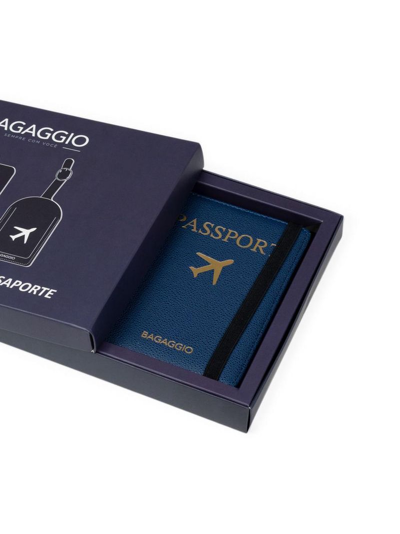 Kit etiqueta e porta passaporte travel azul escuro