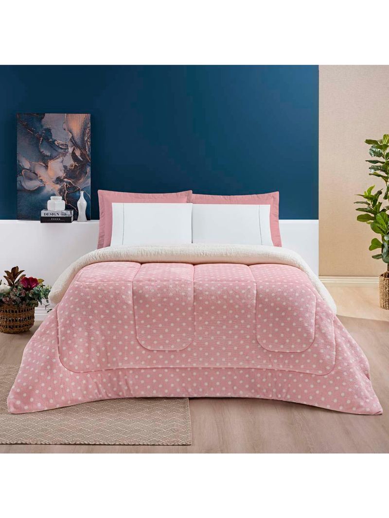 Coberdrom cobertor meggy poá solteiro sherpa manta flannel bolinhas - rosa