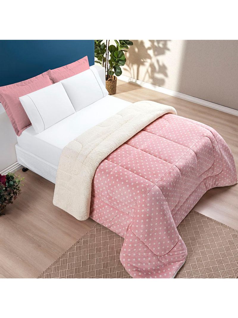 Coberdrom cobertor meggy poá solteiro sherpa manta flannel bolinhas - rosa