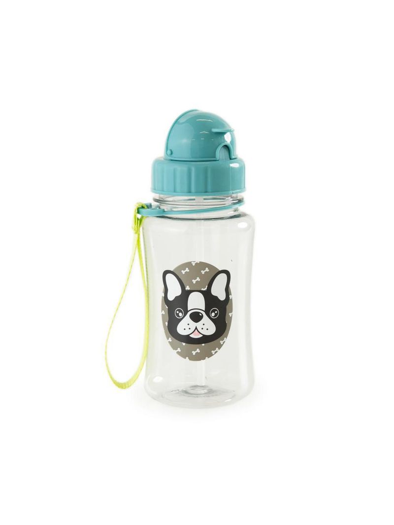 Garrafa escolar 350ml pug com canudo azul