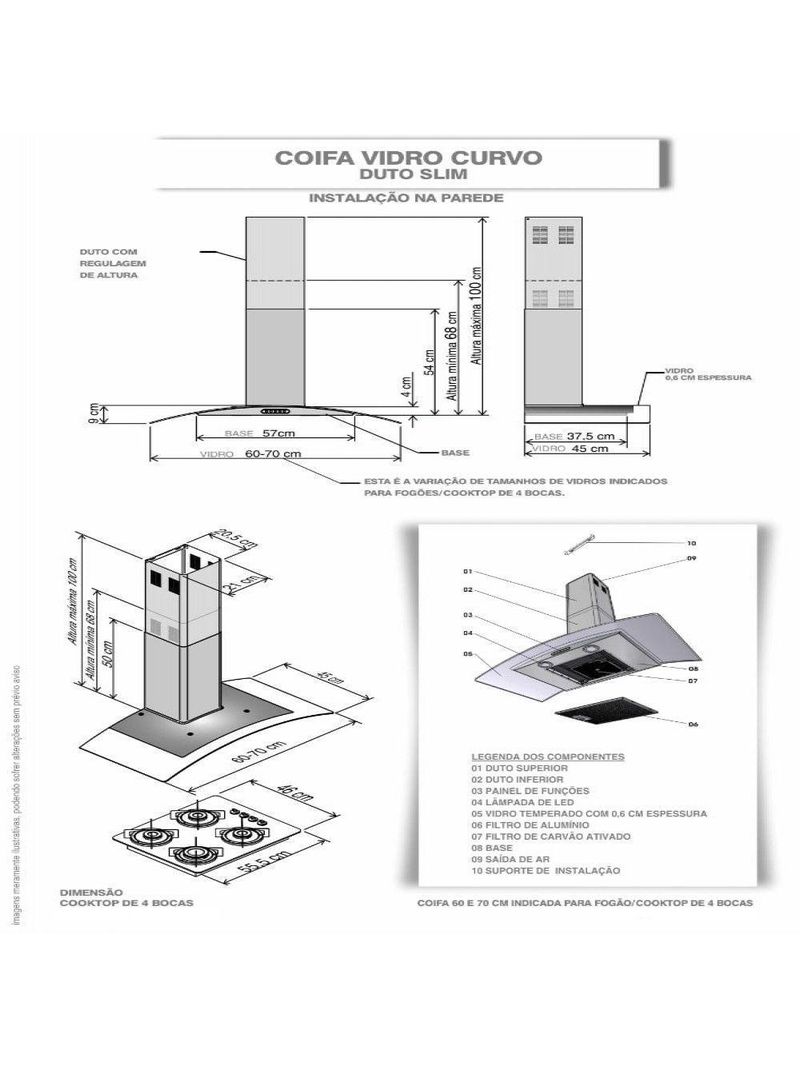 Coifa De Parede 60cm Vidro Curvo Duto Slim Fogatti Inox 220V
