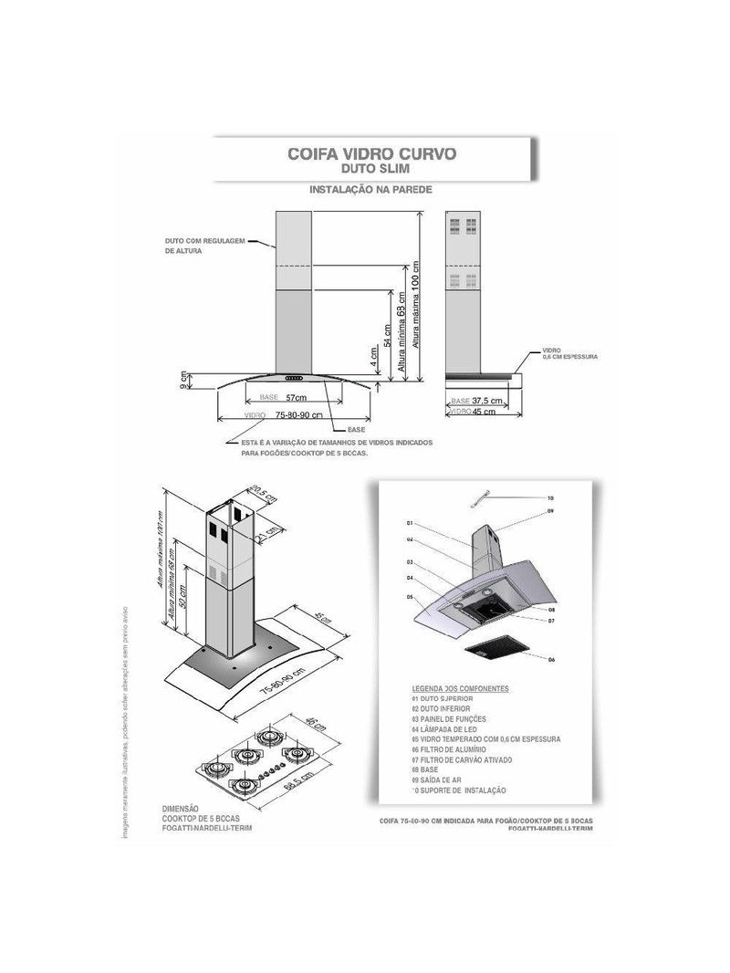 Coifa Vidro Curvo Parede Inox 75cm-5 Bocas Terim 110V