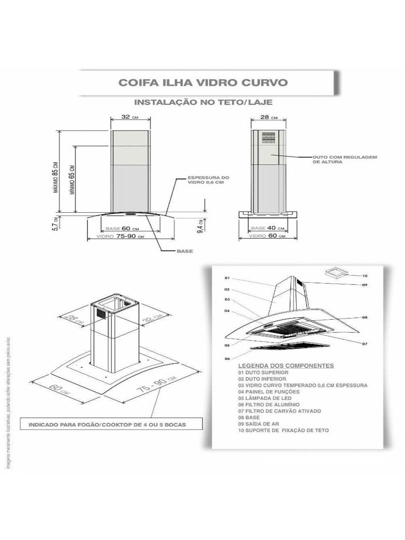 Coifa Ilha 75cm Vidro Curvo Fogatti Inox 110V