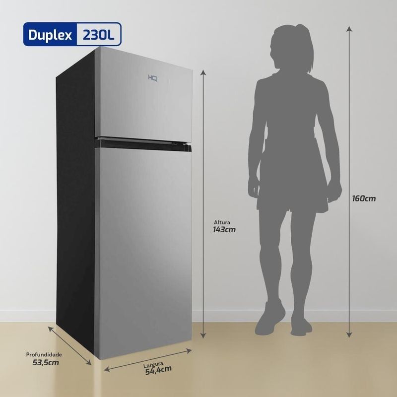Geladeira Refrigerador HQ 230 Litros Duplex Defrost, Baixo Consumo A+++ Cinza HQ-230RDFS 110V