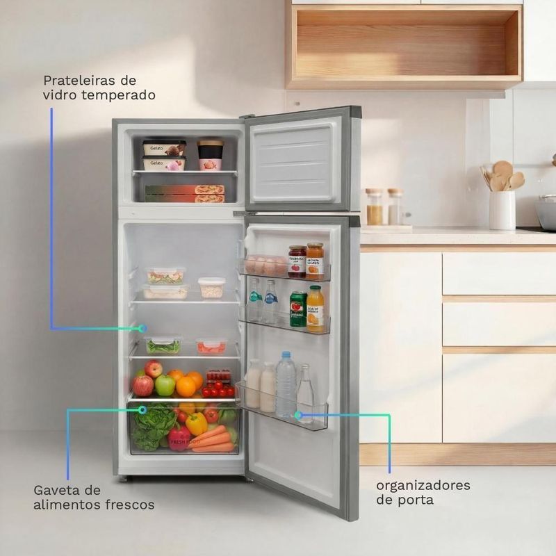 Geladeira Refrigerador HQ 230 Litros Duplex Defrost, Baixo Consumo A+++ Cinza HQ-230RDFS 110V