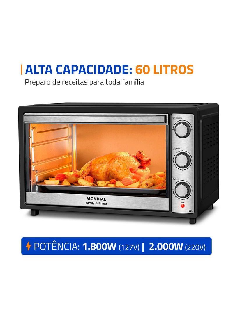 Forno Elétrico 60L Family Grill Inox Mondial Preto/inox FRN-60-BI 220V