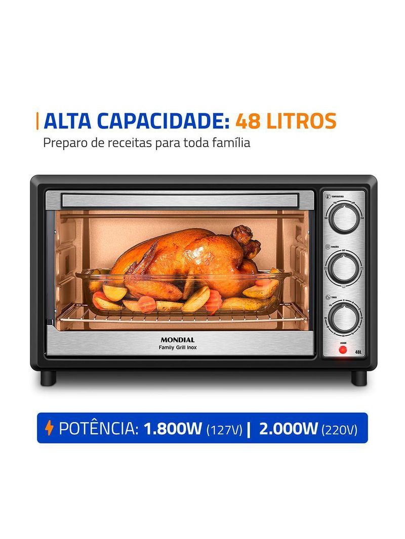 Forno Elétrico 48L Family Grill Inox Mondial Preto/inox 1800W FRN-48-BI 110V