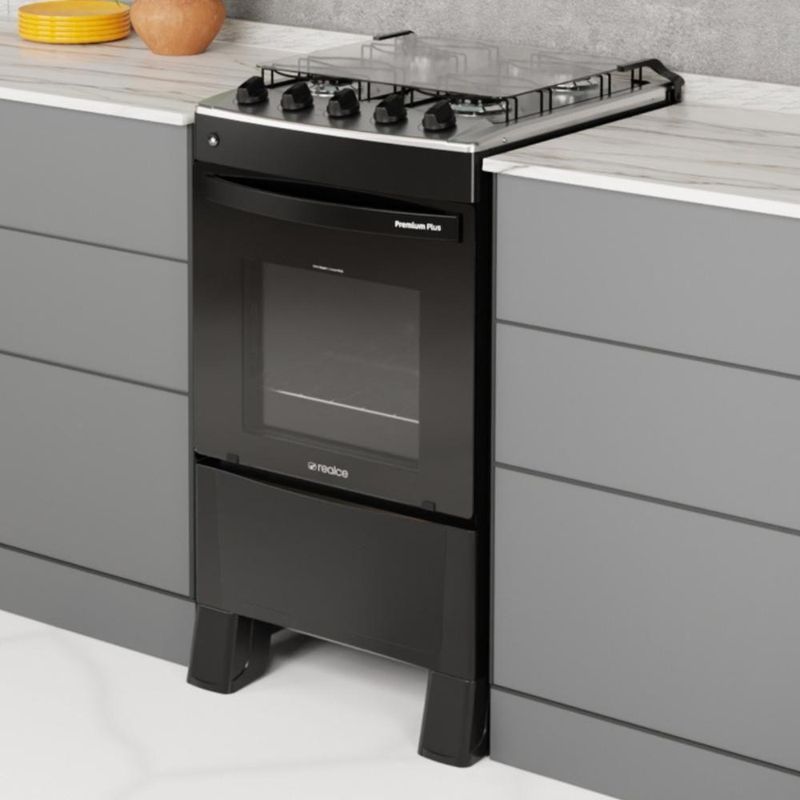 Fogão 4 Bocas A Gás Com Tampa Premium Plus Realce CR227 Preto Bivolt