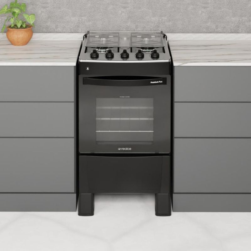 Fogão 4 Bocas A Gás Com Tampa Premium Plus Realce CR227 Preto Bivolt