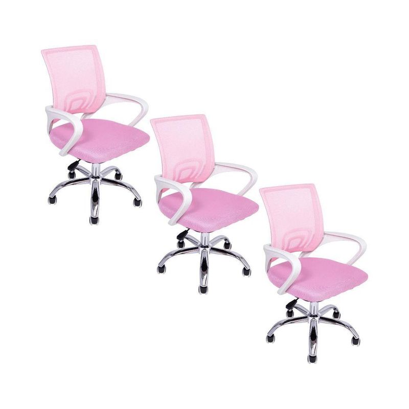 Kit 3 Cadeiras De Escritório Oficial Begônia Ergonômico Rosa