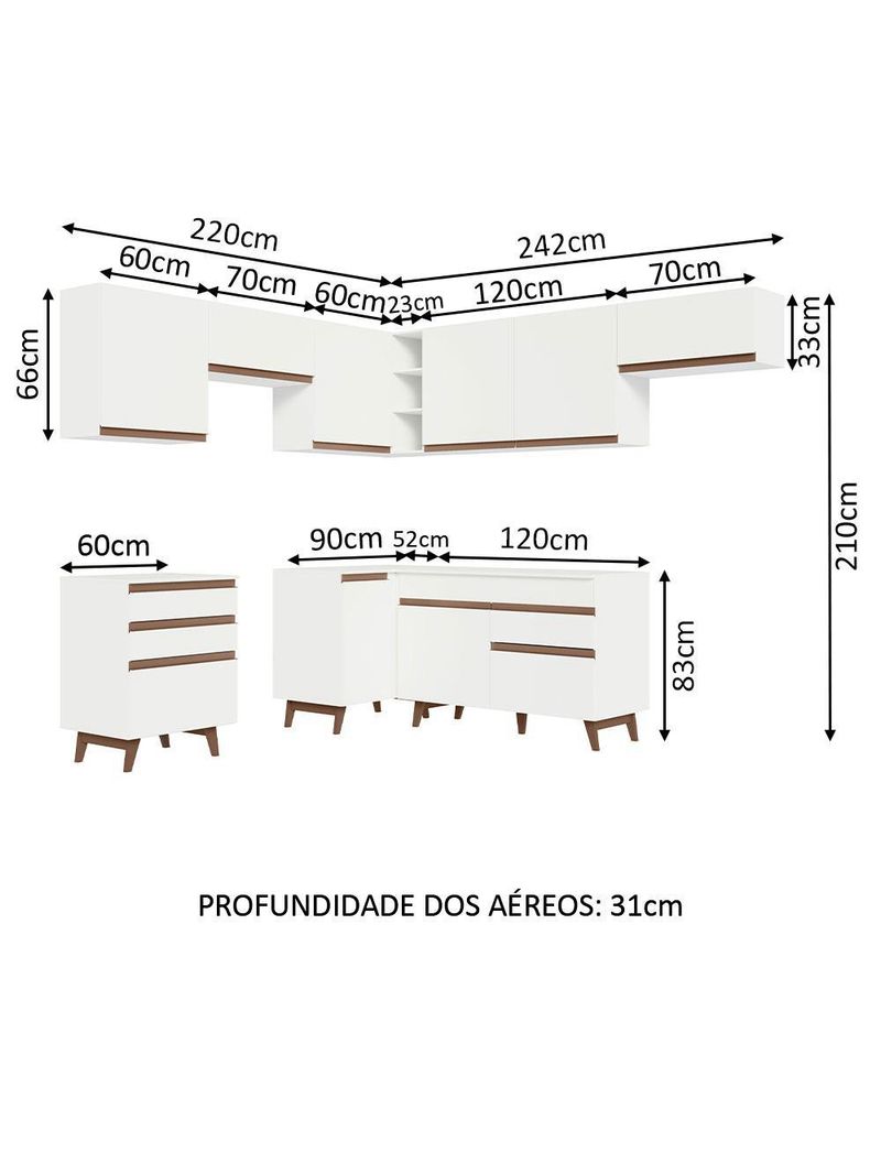 Armário de cozinha completa de canto 462cm branco reims madesa 03