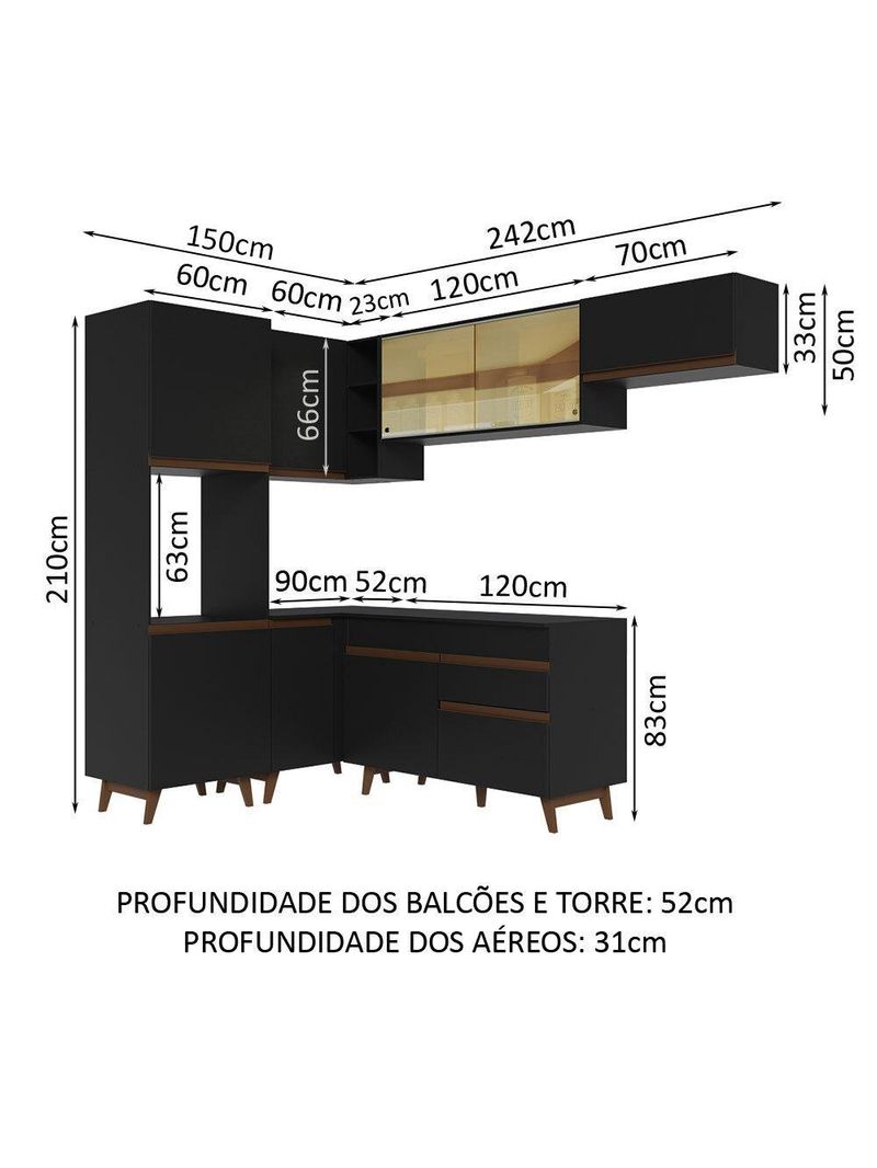 Armário de cozinha completa de canto 392cm preto reims madesa 03